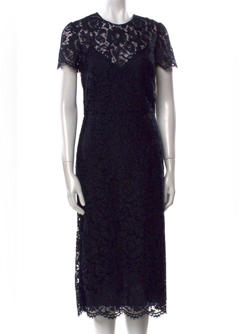 Valentino Black Lace Midi Dress with Scalloped Yoke
